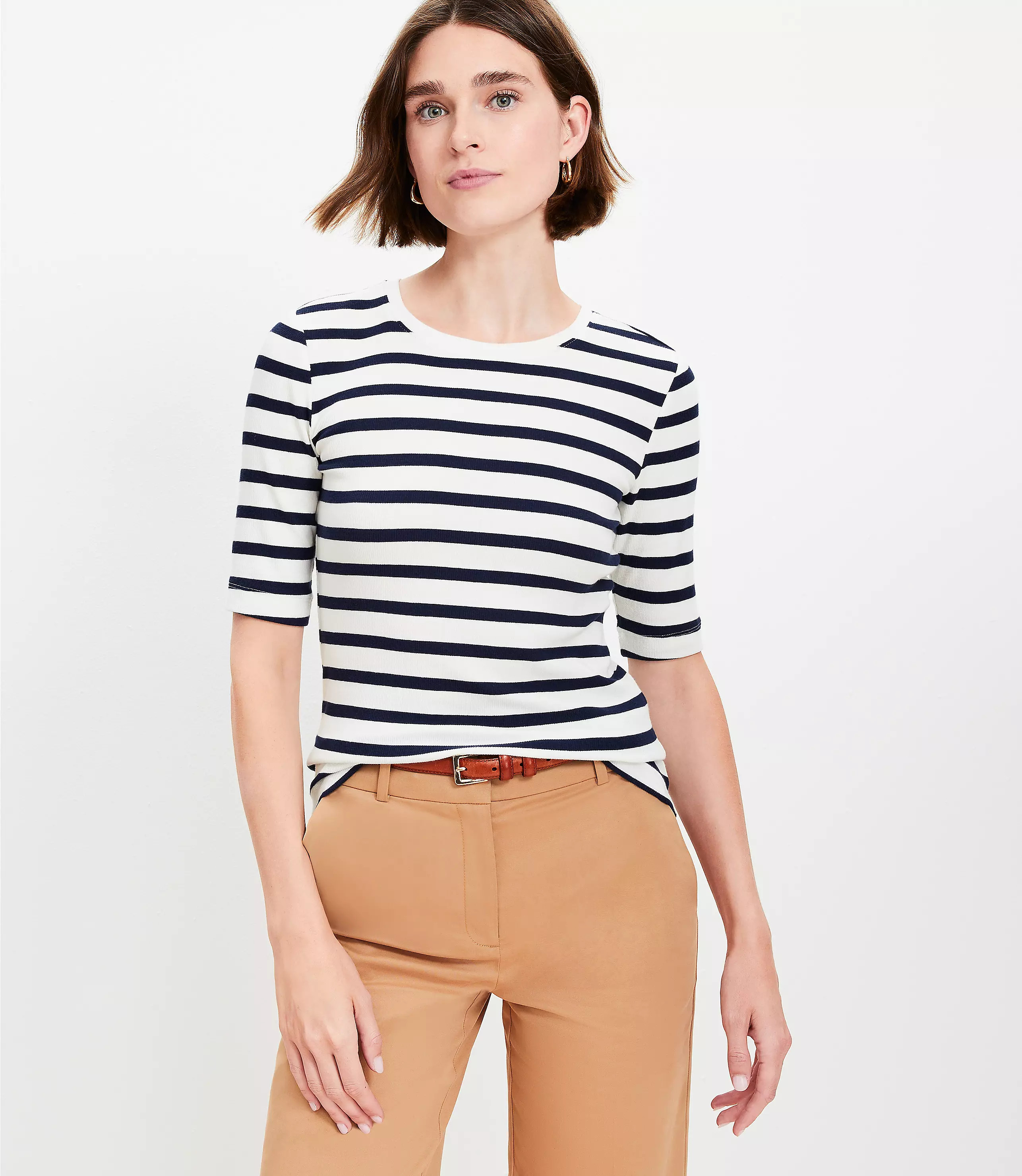 Stripe Perfect Ribbed Elbow Sleeve Tee | LOFT