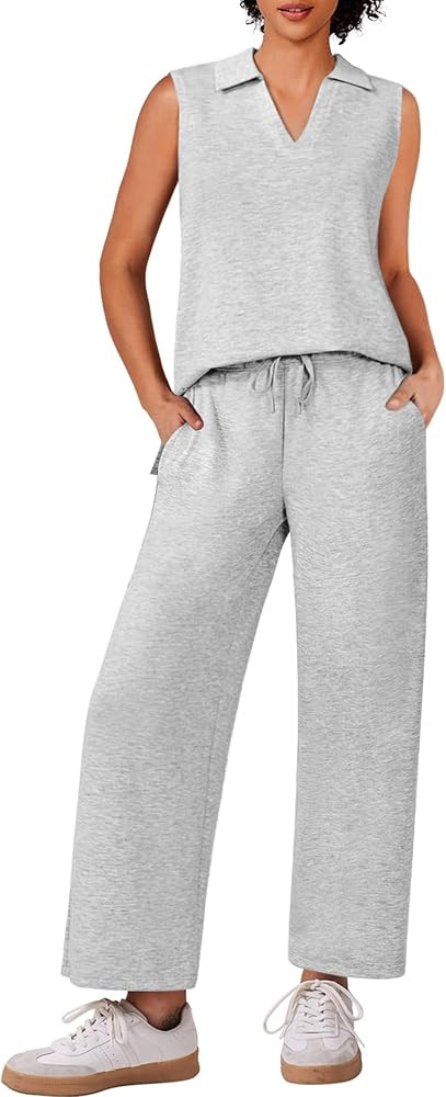 PINSPARK Two Piece Sets for Women Sleeveless Outfits Travel Tracksuit V Neck Top Wide Leg Pant Lo... | Amazon (US)