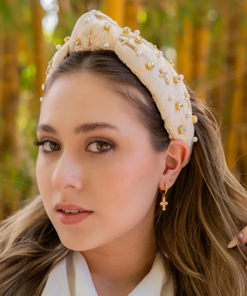 Cross Jeweled Headband, Easter Ivory Knot Headband, Embellished Knot Headband, Custom Knotted Pea... | Etsy (US)