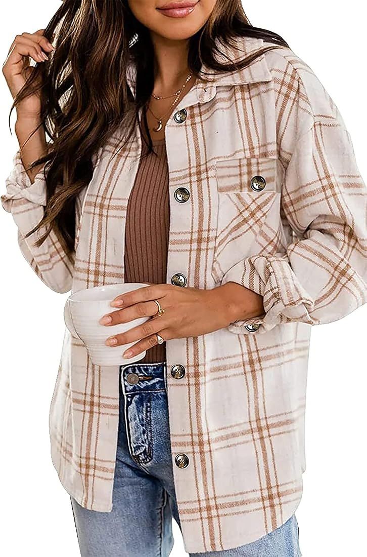 Jhsnjnr Women's Plaid Shirts Long Sleeve Flannel Lapel Button Down Shacket Jacket Coats | Amazon (CA)