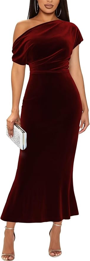 One Shoulder Velvet Bridesmaid Dresses Half Sleeves Mermaid Formal Evening Dress ZU001 | Amazon (US)
