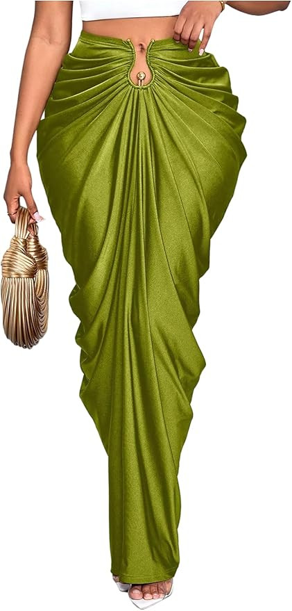 WDIRARA Women's Ruched Bodycon Maxi Skirt Cocktail Party High Waisted Long Fishtail Skirts | Amazon (US)