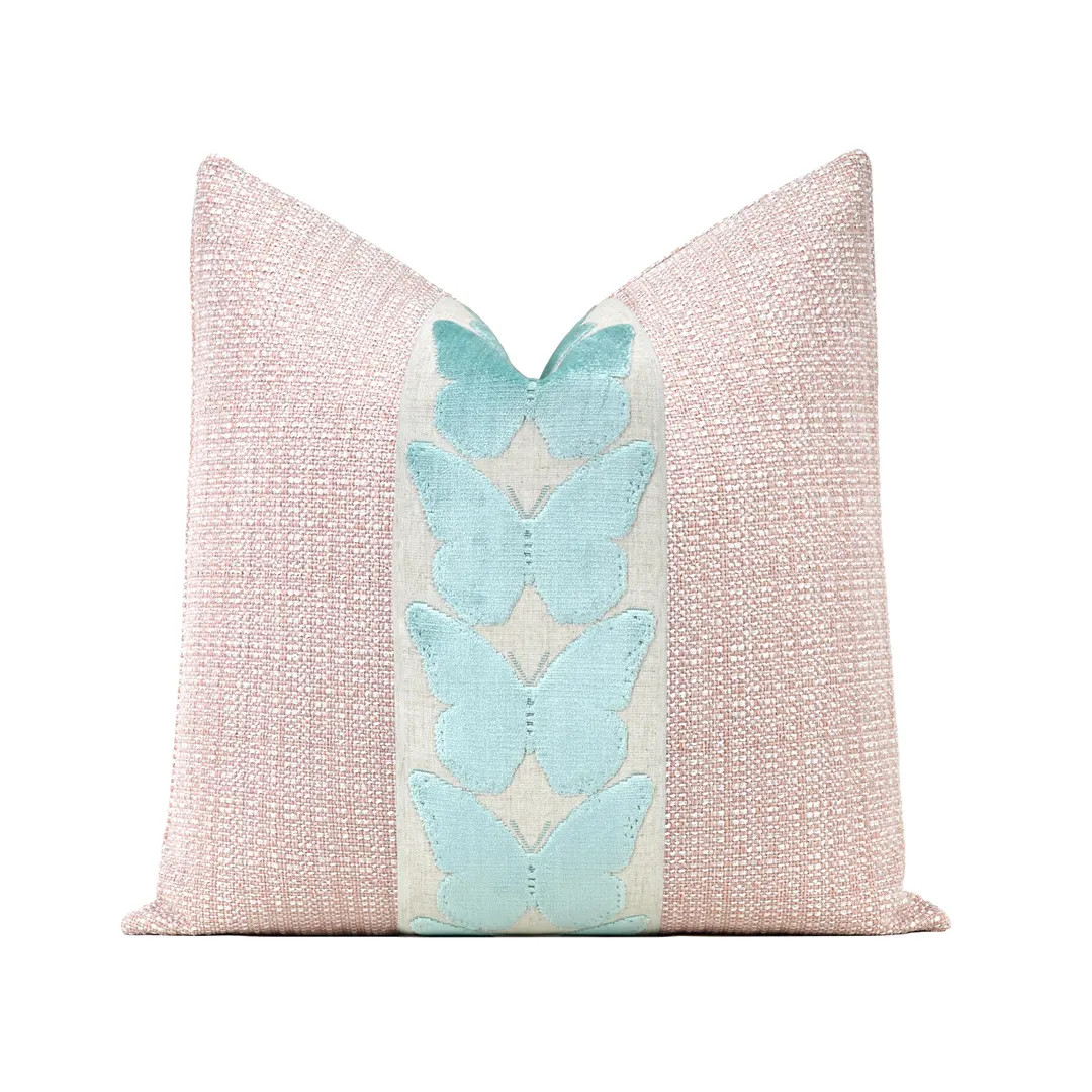 Signature Tweed Throw Pillow Cover in Ballet Pink with Large Centered Aruba Blue Butterfly Trim | Etsy (Global)