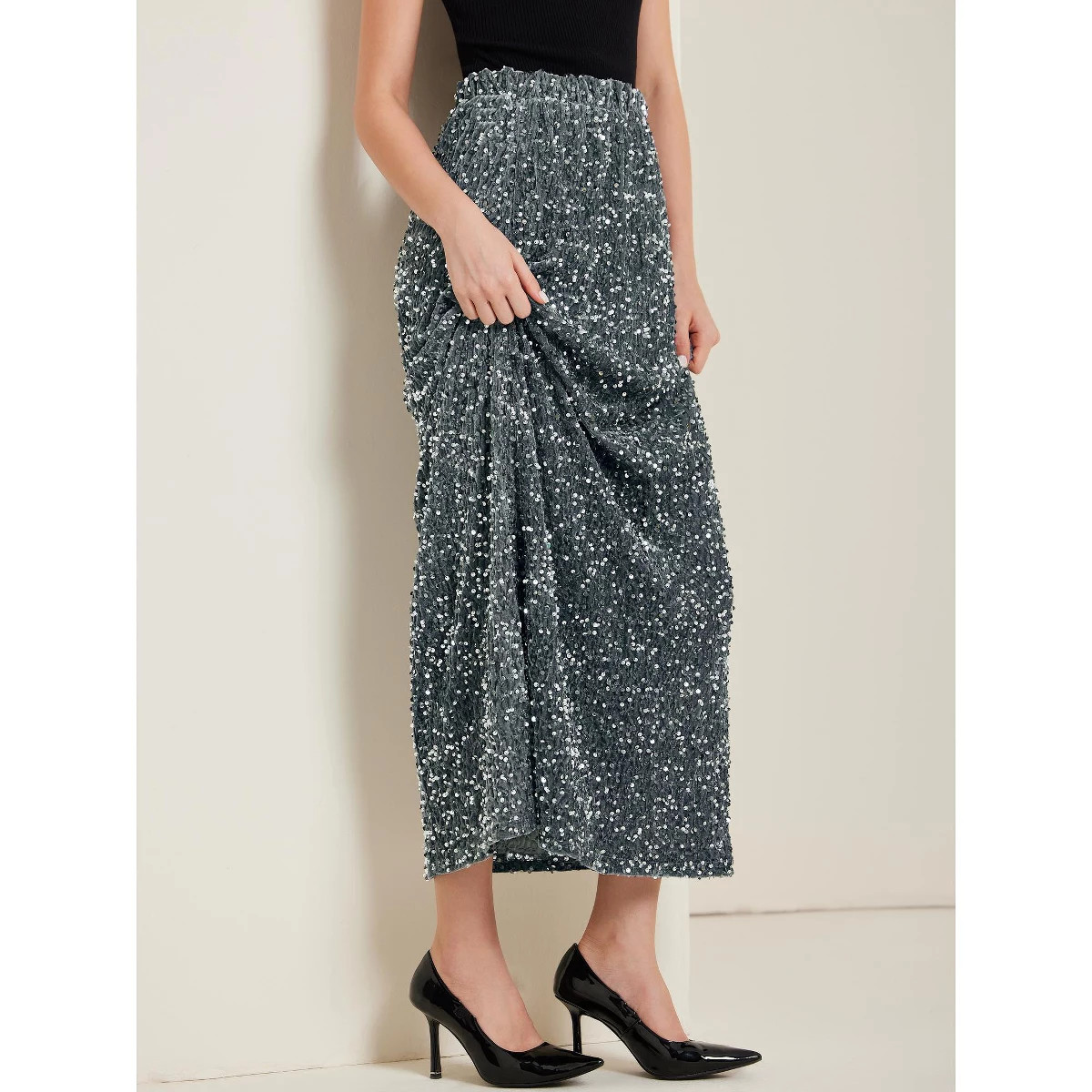 Allegra K Women's Sequin Velvet Elastic Waist Sparkle Party Maxi Skirt | Target