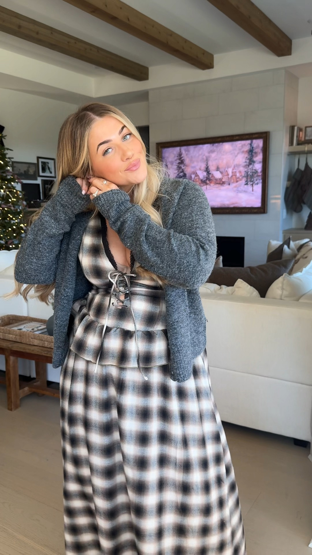 Thanksgiving outfit inspo 🤍 
Dress — large (would do a medium to fit my chest a little better) 
Cardigan — large 
Boots — tts wide calf 