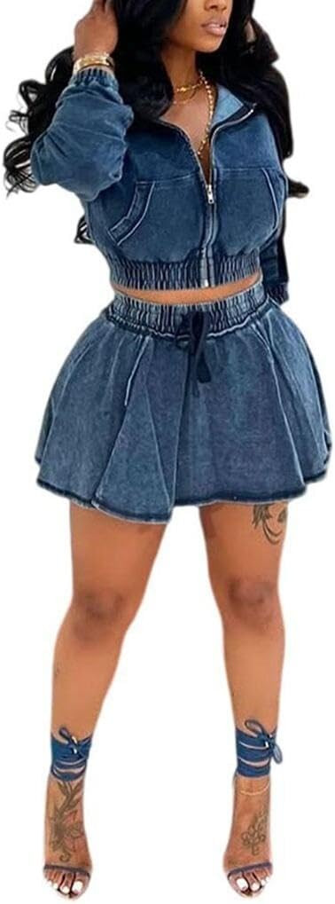 THLAI Denim Women 2 Piece Skirt Sets Long Sleeve Zip Up Hoodie Jackets Top and Flare Pleated Mini... | Amazon (US)