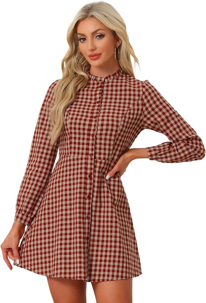 Allegra K Women's Vintage Check Ruffle Neck Button Down Long Sleeve Christmas A-Line Dress | Amazon (US)