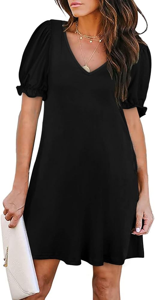 Aloodor Women's Casual Dresses Short Sleeve V-Neck Dress with Pockets | Amazon (US)