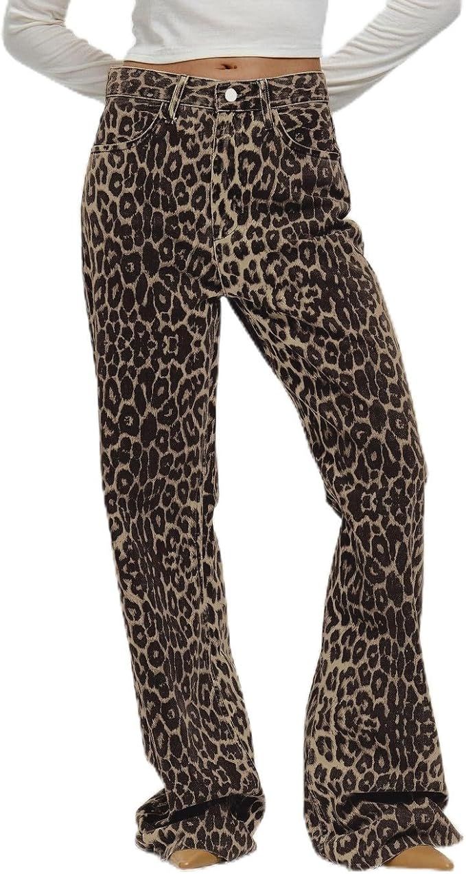 antar - Animal Print High Waist Jean Like Pants Leopard | Amazon (US)