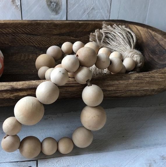 Farmhouse Decor, Wood Bead Garland with Tassels, Bead Garland, Wood Bead Strands, Wood Bead Garla... | Etsy (US)