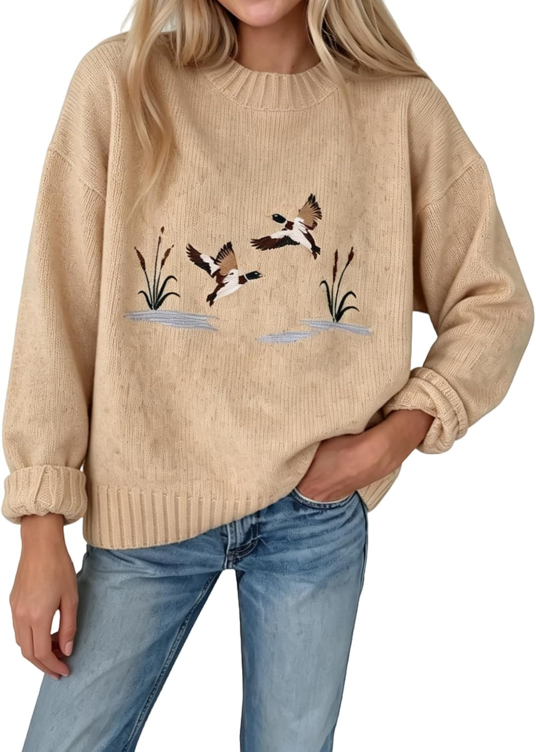 KevaMolly Crew Neck Sweater Duck Embroidery Loose Knit Pullover | Amazon (US)