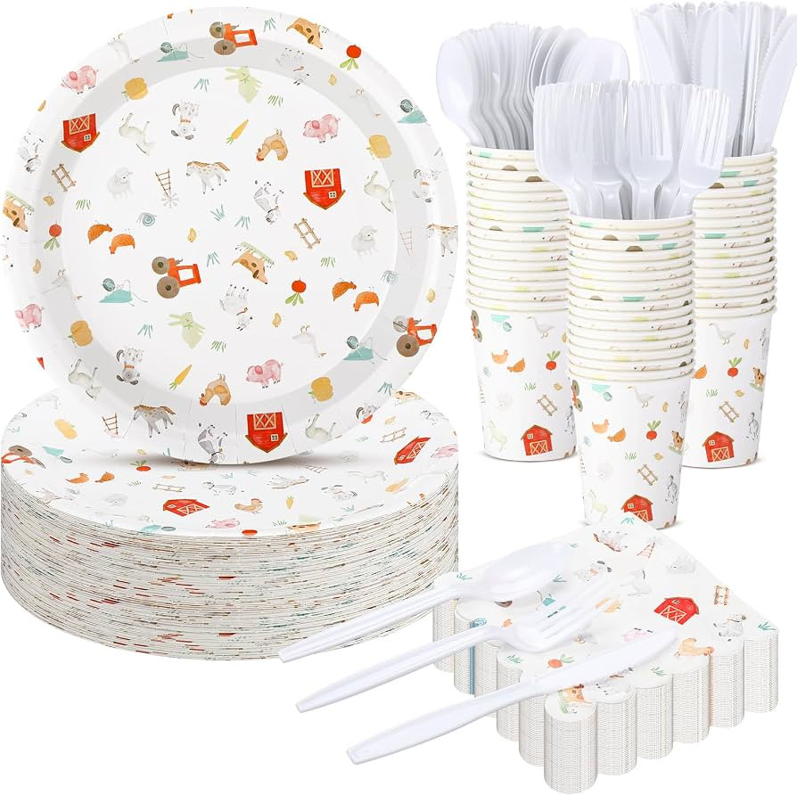 300 Pcs Farm Animal Birthday Party Decoration, Farm Animal Plates and Napkins Cups Serves 50 Gues... | Amazon (US)