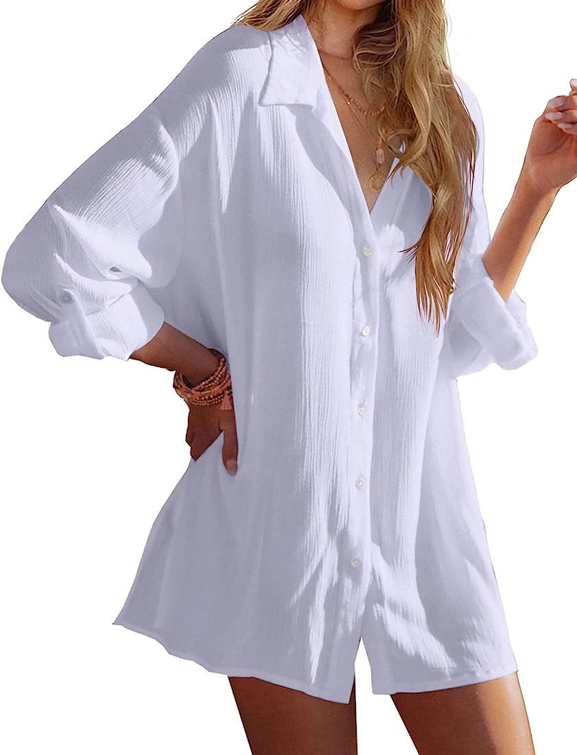 LYHNMW Women Beach Cover Up Roll-up Sleeve Button Down Shirts Bathing Suit Cover up Beachwear Swi... | Amazon (US)