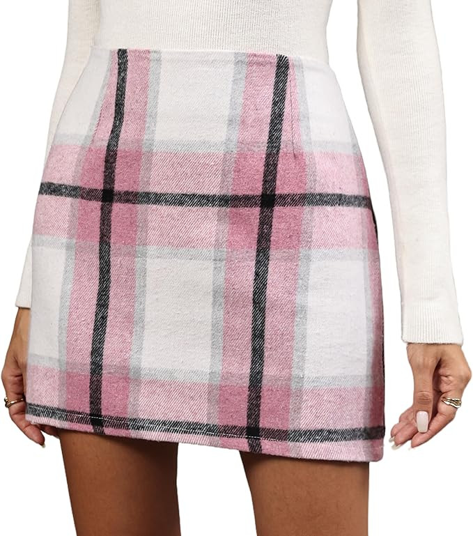 Women's Wool Plaid Flannel Mini Skirt High Waisted Pencil Bodycon Fall Winter Skirts | Amazon (US)