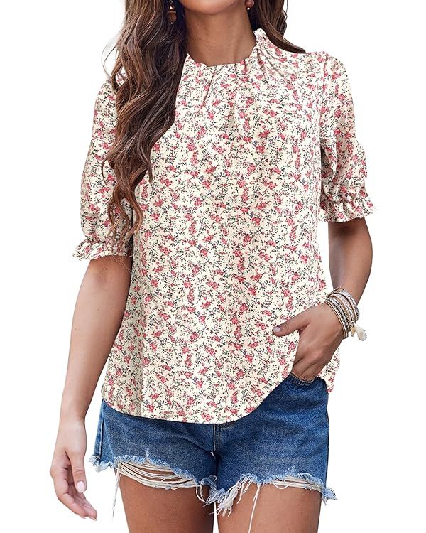 Women's Summer Boho Tops Ruffle Mock Neck Floral Puff Short Sleeve Blouses Shirts | Amazon (US)