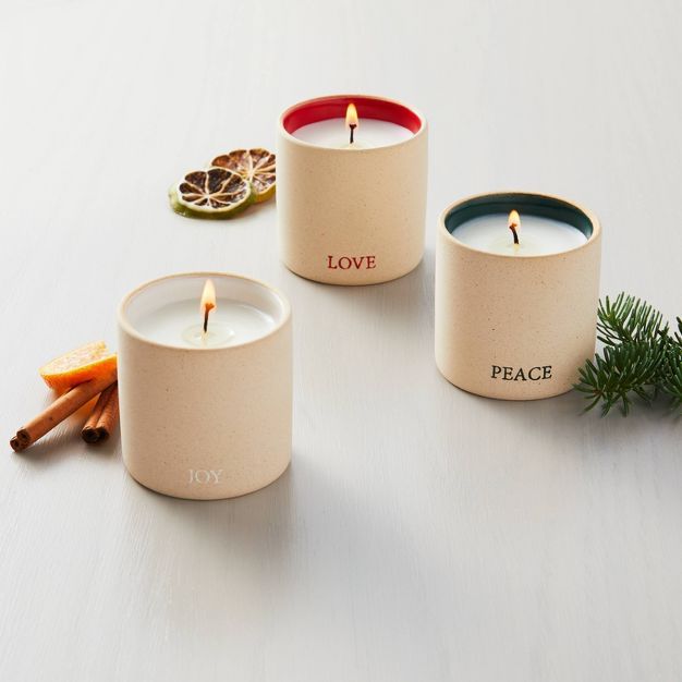 3pk Raw Ceramic Love/Peace/Joy Sentiments Candle Gift Set 3oz - Hearth & Hand™ with Magnolia | Target