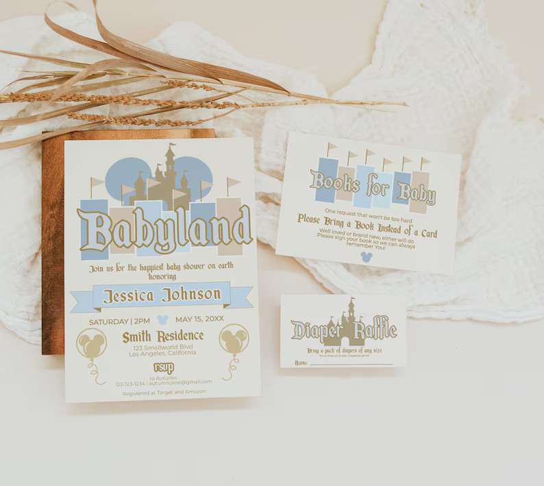 Blue Disneyland Boy Retro Baby Shower Invitation Set | Happiest Baby Shower on Earth | Diaper Raf... | Etsy (US)