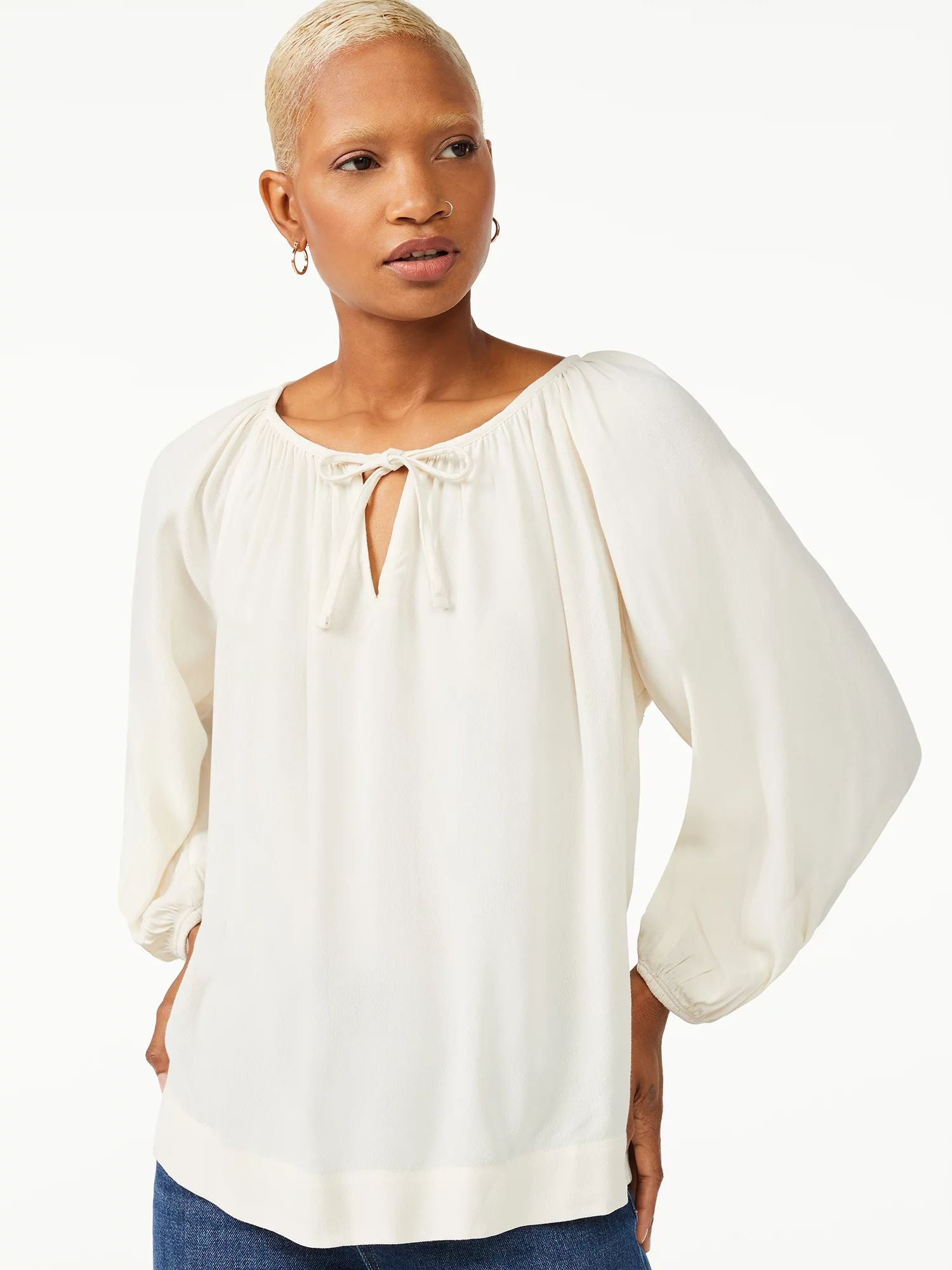 Free Assembly Women's Tie Neck Swing Top with Long Sleeves - Walmart.com | Walmart (US)