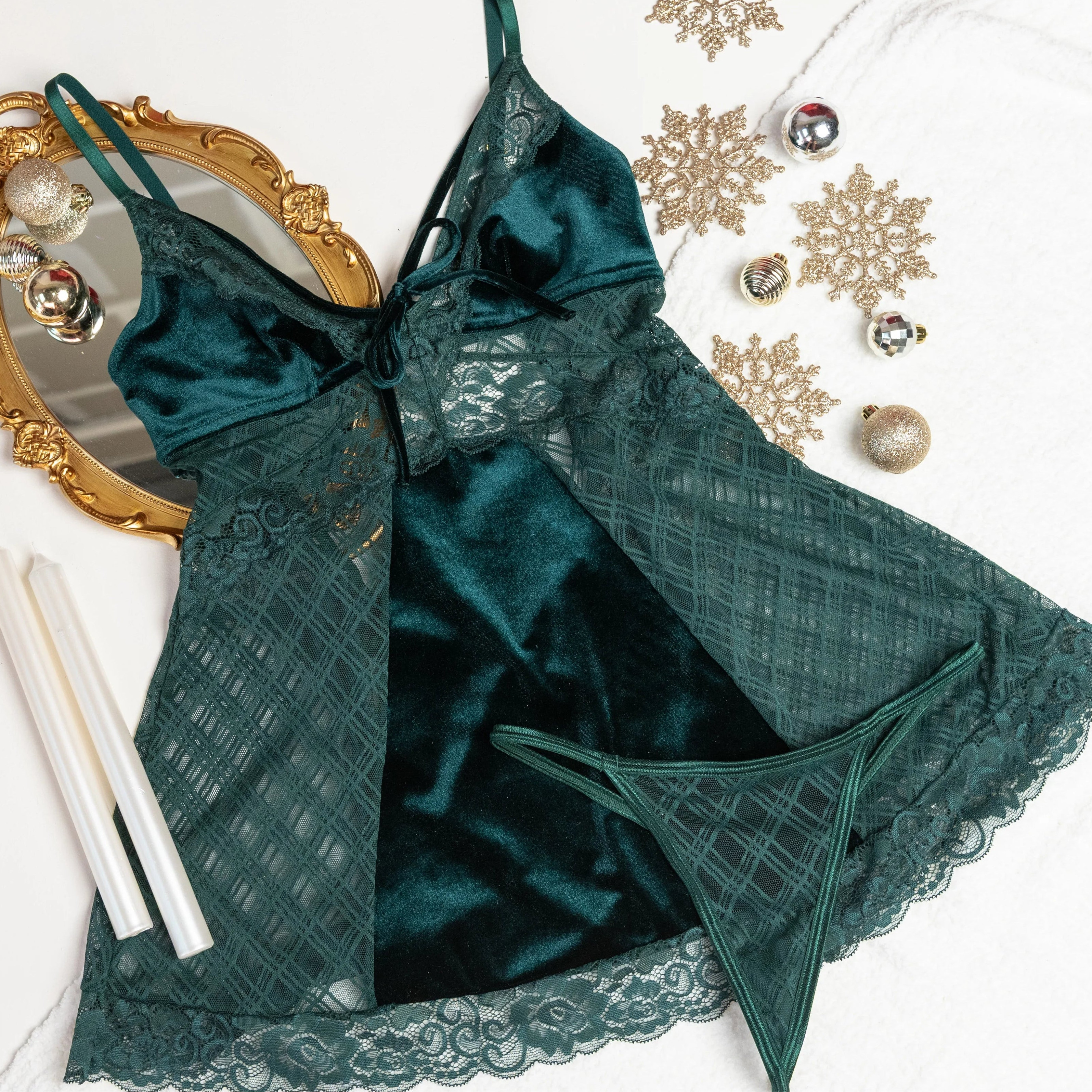 Lace & Velvet Strappy Babydoll - Alps Green | Mentionables
