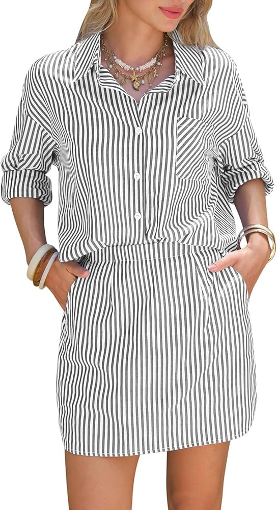 EXLURA Womens Summer 2 Piece Sets 100% Cotton Striped Long Sleeve Button Shirts Matching Skirt Be... | Amazon (US)