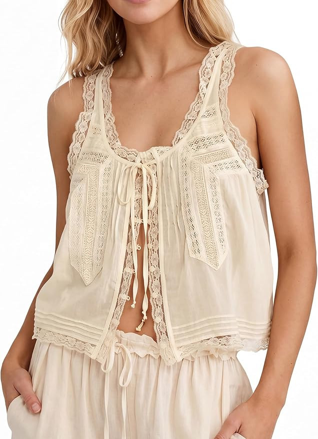 Women Summer Boho Lace Tie Front Tank Beach Vacation Top Button Down Sleeveless Cardigan Crop Y2k... | Amazon (US)