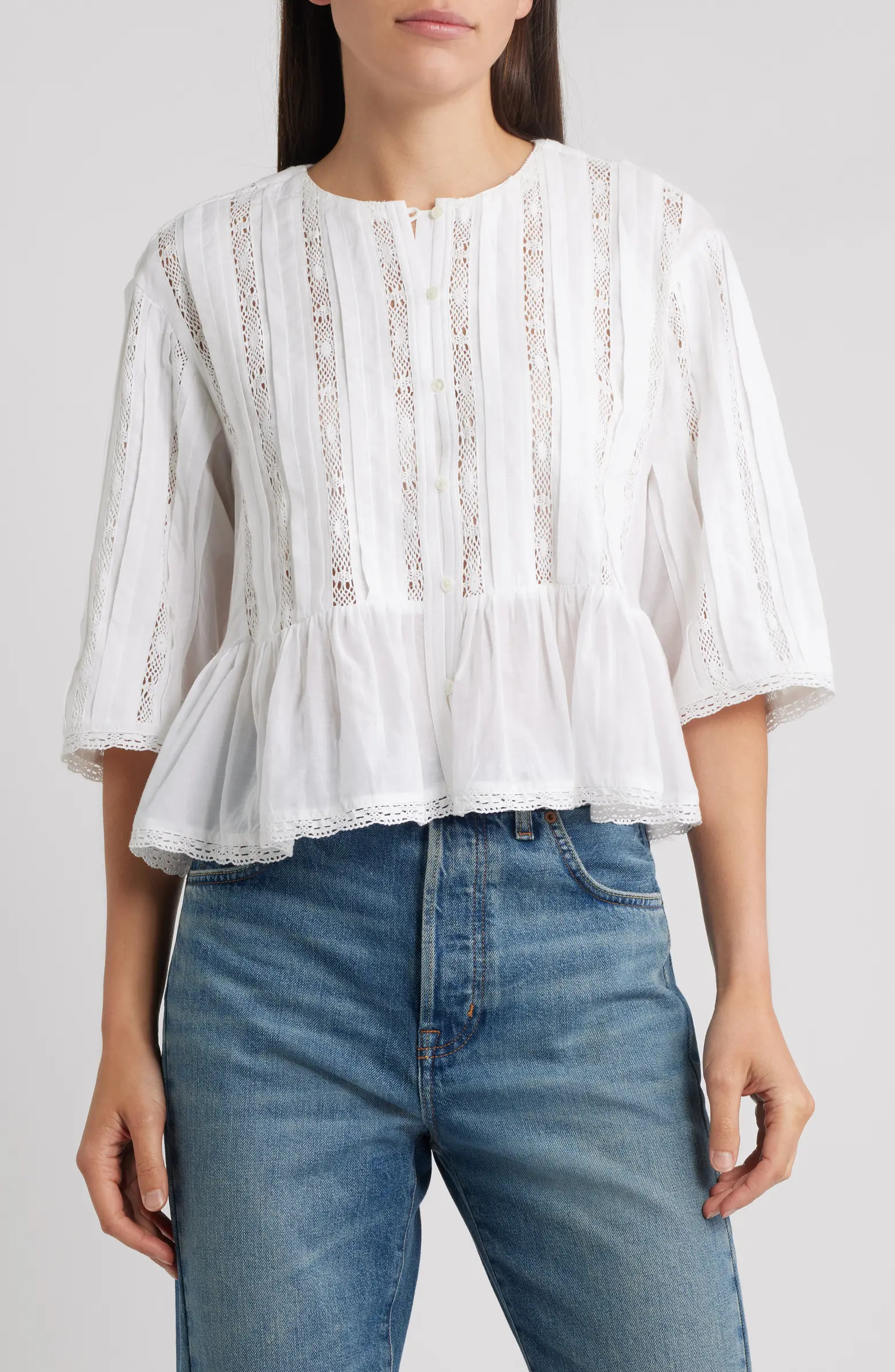 Madewell Bobbi Lace Trim Peplum Top | Nordstrom | Nordstrom