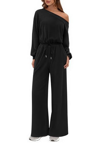 PRETTYGARDEN Long Sleeve Jumpsuit For Women Dressy 2025 Off Shoulder One Piece Loose Wide Leg Jumpsuits Casual Flowy Romper (Black,Large) | Amazon (US)