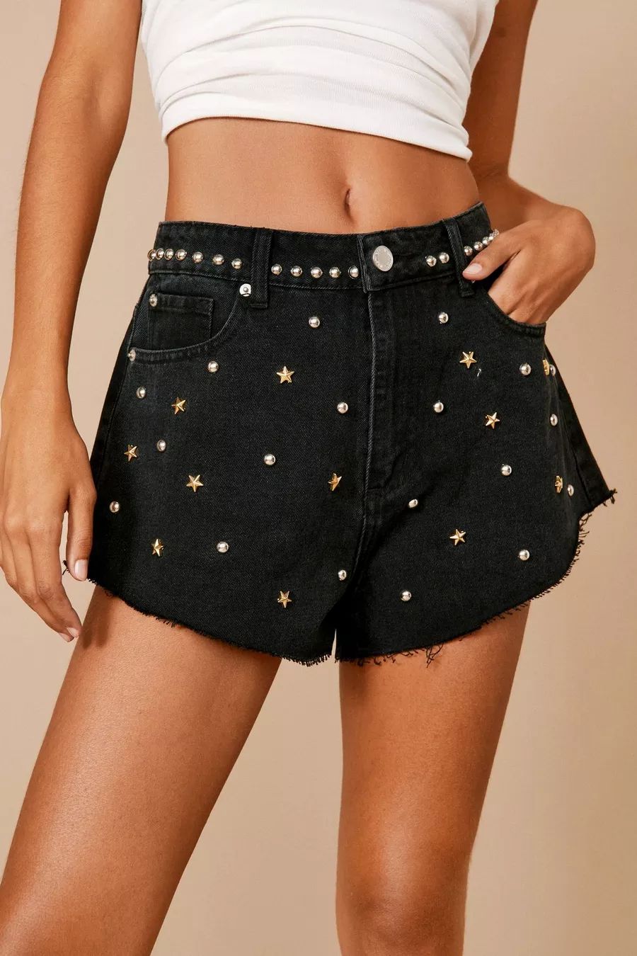 Premium Embellished Star Studded Denim Shorts | Nasty Gal (US)