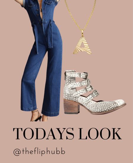 Anthropologie Jumpsuit, FreeBird Shoes, Made by Mary Necklace, letter necklace, jumpsuit, jean jumpsuit, snakeskin shoes, freebird, freebird bootie, ootd, outfit of the day. #anthropologieoutfit #whattowear 

#LTKstyletip #LTKworkwear #LTKshoecrush