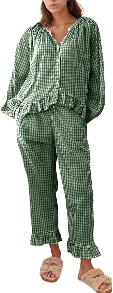 Flygo Womens Plaid Pajamas Sets 2 Piece Cotton Pj Set Puff Sleeve Ruffle Babydoll Shirt Gingham P... | Amazon (US)