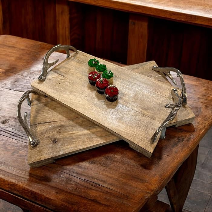 Handmade Set of 2 Mango Wood Serving Trays with Polished Nickel Antler Side Handles – Flat Char... | Amazon (US)