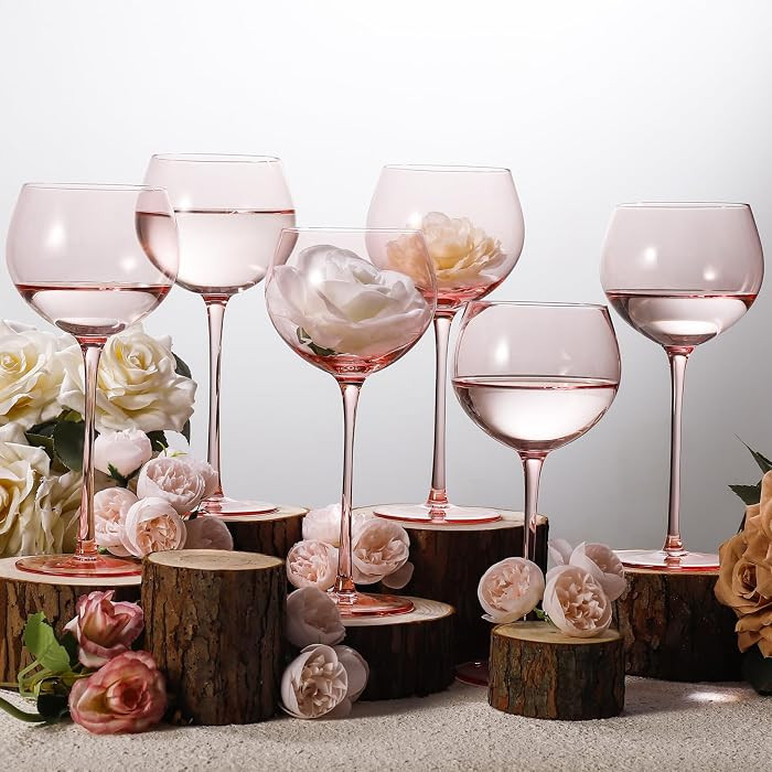 Balloon Shaped Pink Wine Glasses Set 6-15oz Hand Blown Morandi Pink Crystal Glassware with Long S... | Amazon (US)