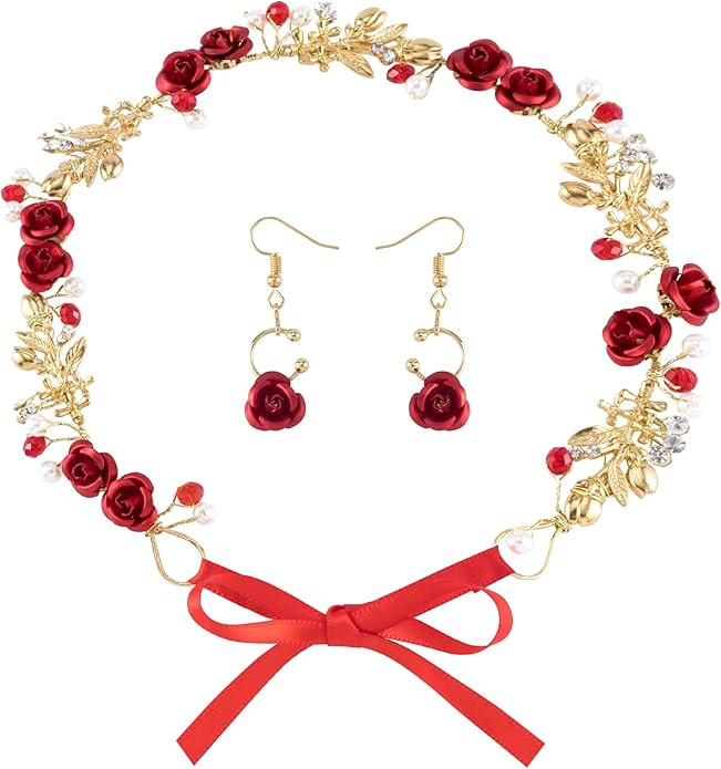PAGOW Red Flower Crowns for Women, Rhinestone Red Rose Hair Accessories Bride Earrings, Crowns Ti... | Amazon (US)
