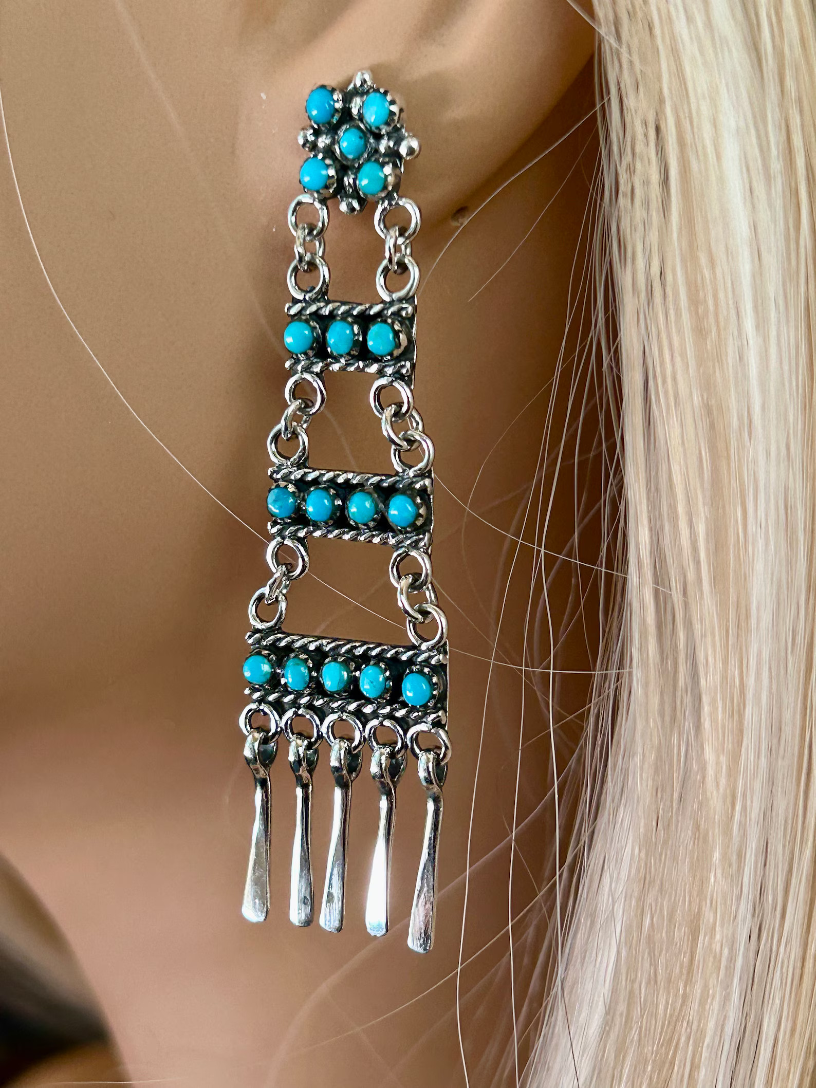 Genuine Turquoise Ladder Earrings Sterling Silver Long Snake Eye Turquoise Tiered Dangle Earrings... | Etsy (US)