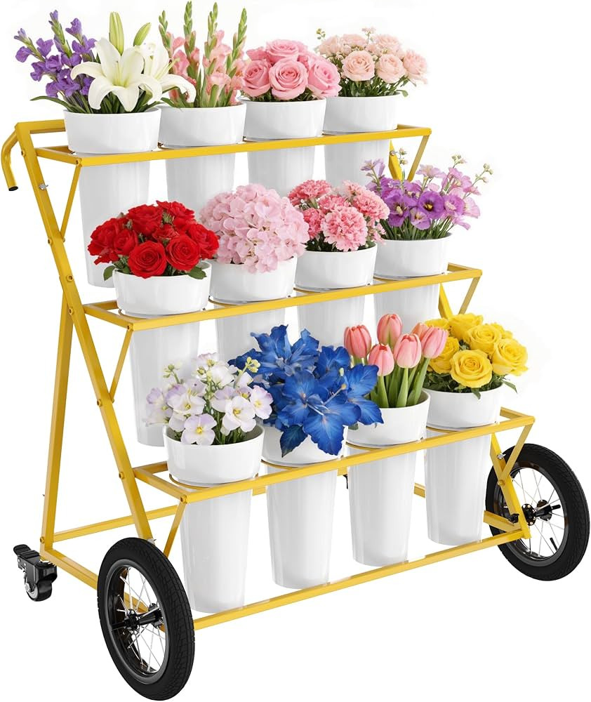 VGMiu Flower Display Stand with 12 Buckets,3 Layers Metal Flower Cart with Large Wheels, Moving F... | Amazon (US)