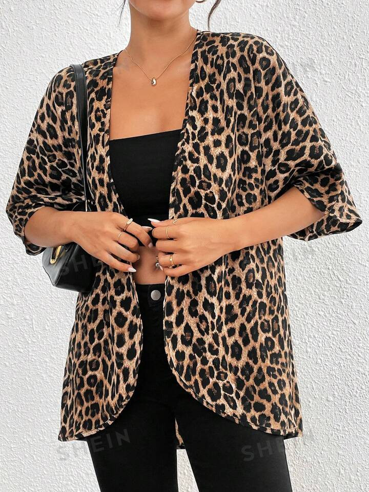 SHEIN Essnce Jas met open voorkant en vleermuismouwen met luipaardprint | SHEIN  Nederland | SHEIN