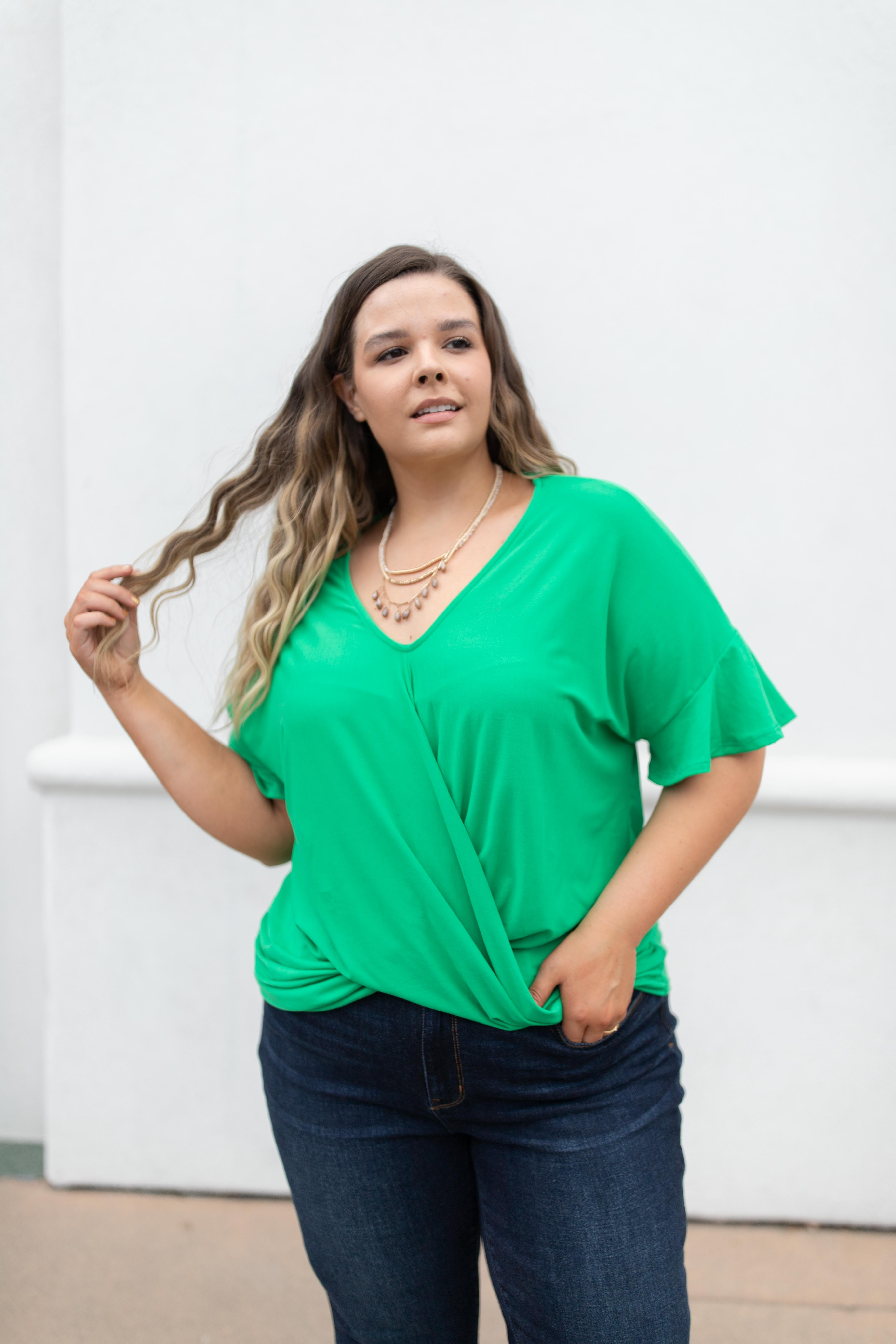 Nice Surprise Surplice Knit Top In Kelly Green | Peppered with leopard