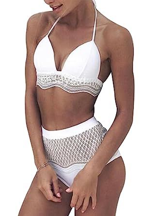 LAMOSKY Women High Waist Two Piece Lace Splicing Halter Neck Sexy Swimsuits | Amazon (US)