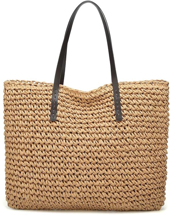 Straw Bag Round Summer Straw Large Woven Beach Bag Purse For Women Vocation Tote Handbags With Po... | Amazon (US)