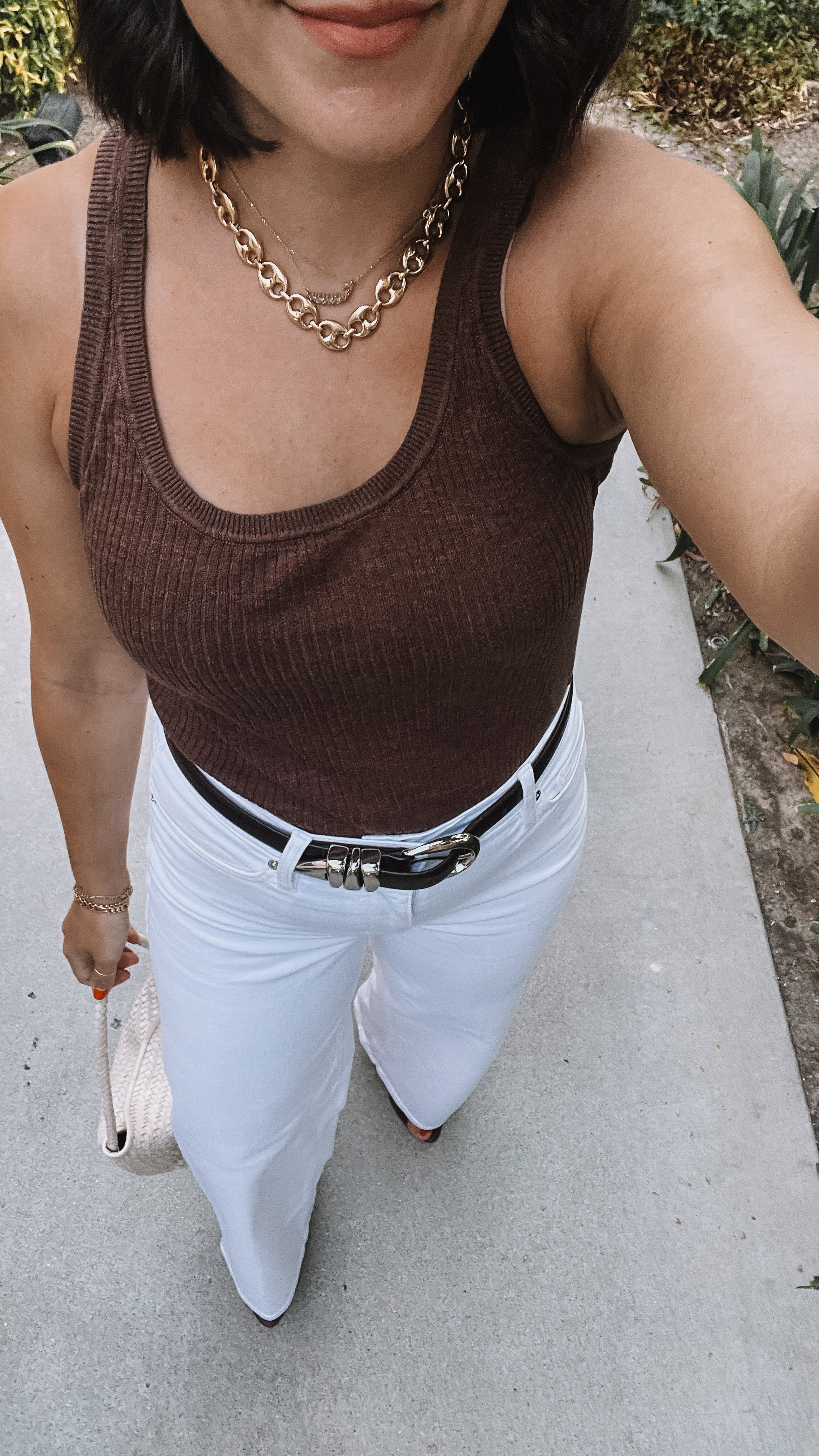 White jeans outfit ideas with brown tank and brown leather sandals. Date night outfit ideas, dinner outfit ideas for summer. Items run true to size, will link exact items when possible. 

 #LTKSeasonal #LTKFindsUnder100 #LTKStyleTip