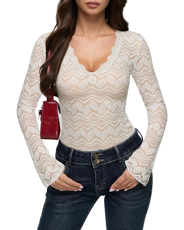 REORIA Women's Sexy Lace Sheer Mesh Tops Long Bell Sleeve Basic Tee Y2K Going Out T Shirts Deep V... | Amazon (US)