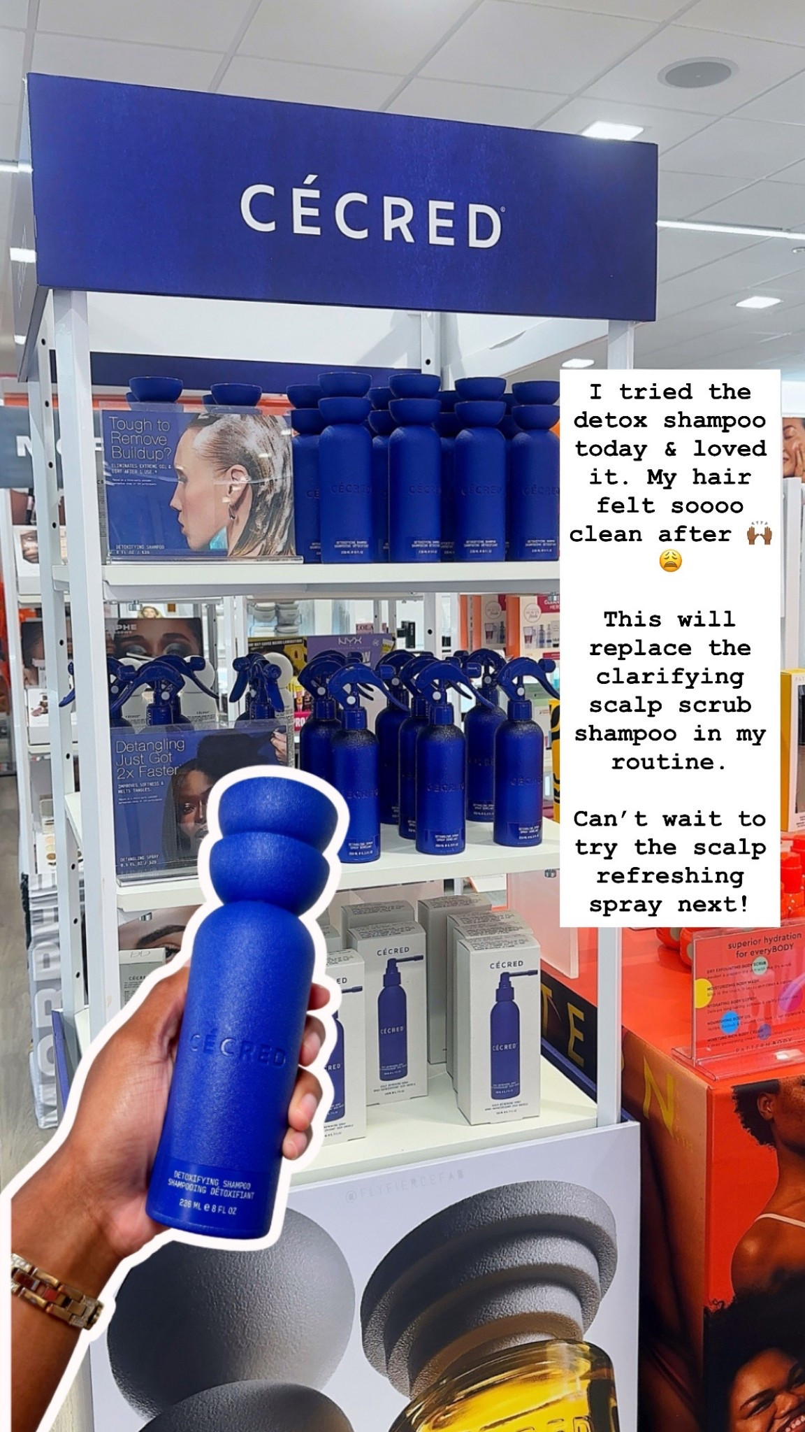 I tried the Cècred detoxifying shampoo today during my wash day routine, and I loved it! 🙌🏾😍💙 It made my hair feel soooo clean without feeling stripped, and it gave my scalp a nice lil minty tingly sensation.

I will be using this instead of the clarifying scalp scrub shampoo on my wash days, because I feel like this got my hair cleaner with less effort 🫧.

My local Ulta put out some of the protection collection today, so I also picked up the scalp refreshing spray. Can’t wait to try it!