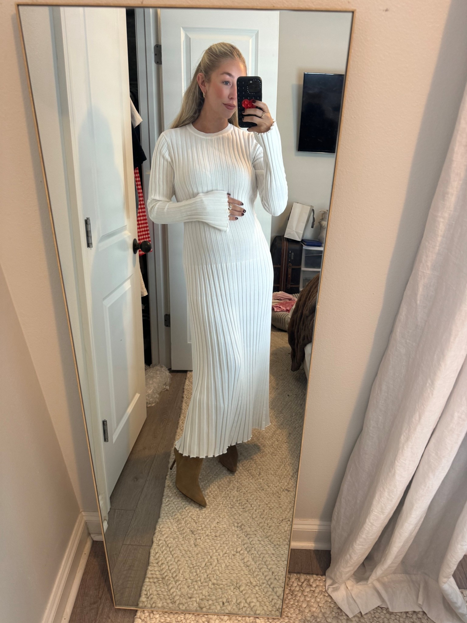 The best dress for maternity! The back ties and adjusts for the bump 🤍 wearing size 8.5 boots these are the best!!!! 

#LTKStyleTip #LTKShoeCrush #LTKBump