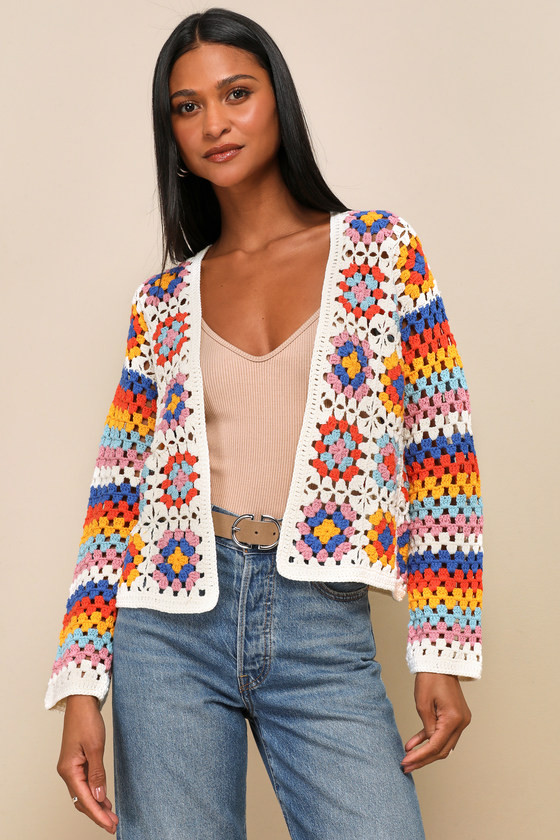 Vibrant Trend Ivory Multi Crochet Open-Front Cardigan | Lulus