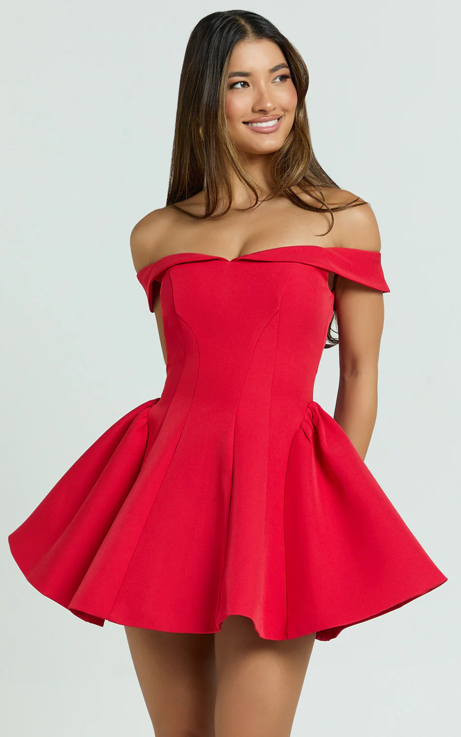 Rosabel Mini Dress - Off Shoulder Fit And Flare Dress in Red | Showpo (US, UK & Europe)