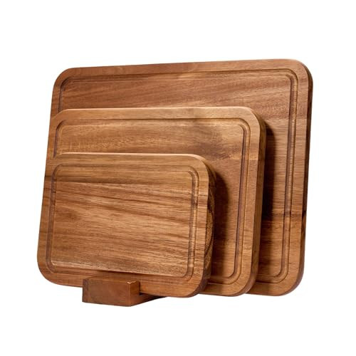 Acacia Wood Cutting Board Set with Holder, Wooden Cutting Boards for Kitchen, Reversible Chopping Boards for Meat, Vegetables, Cheese, Set of 3 | Amazon (US)