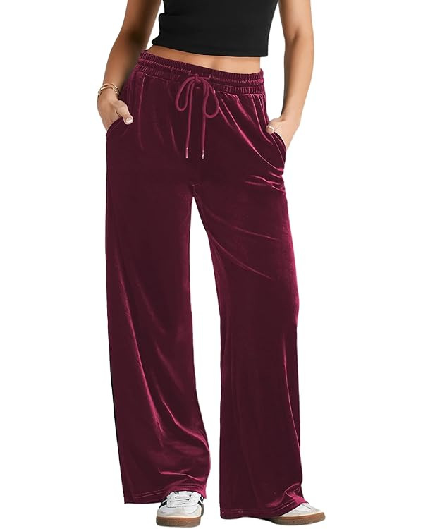 Herseas Women's Velvet Pants Drawstring Waist Wide Leg Casual Lounge Pant | Amazon (US)