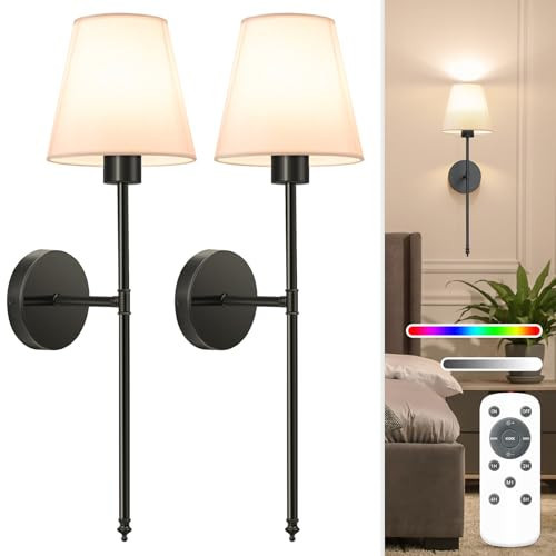 NIORSUN Battery Operated Wall Sconce Set of 2,Black Rechargeable Wall Lights with 5200mAh Dimmable Detachable Bulbs and Remote, 9 Colors Wireless Wall Lamps for Bedroom Living Room Hallway Decor | Amazon (US)