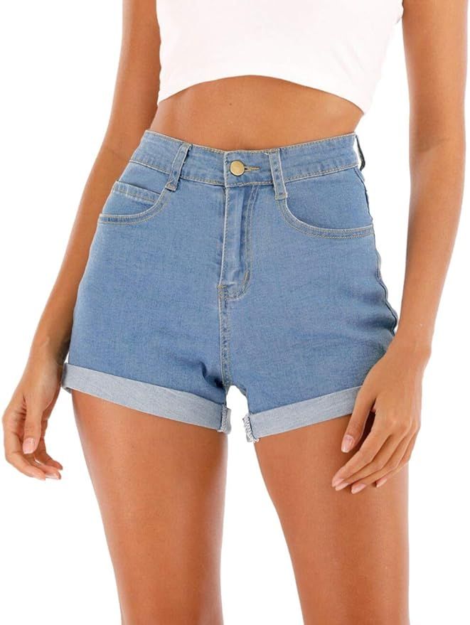 Cuihur Women's Summer Casual Denim High Waisted Folded Hem Jeans Shorts for Juniors | Amazon (US)