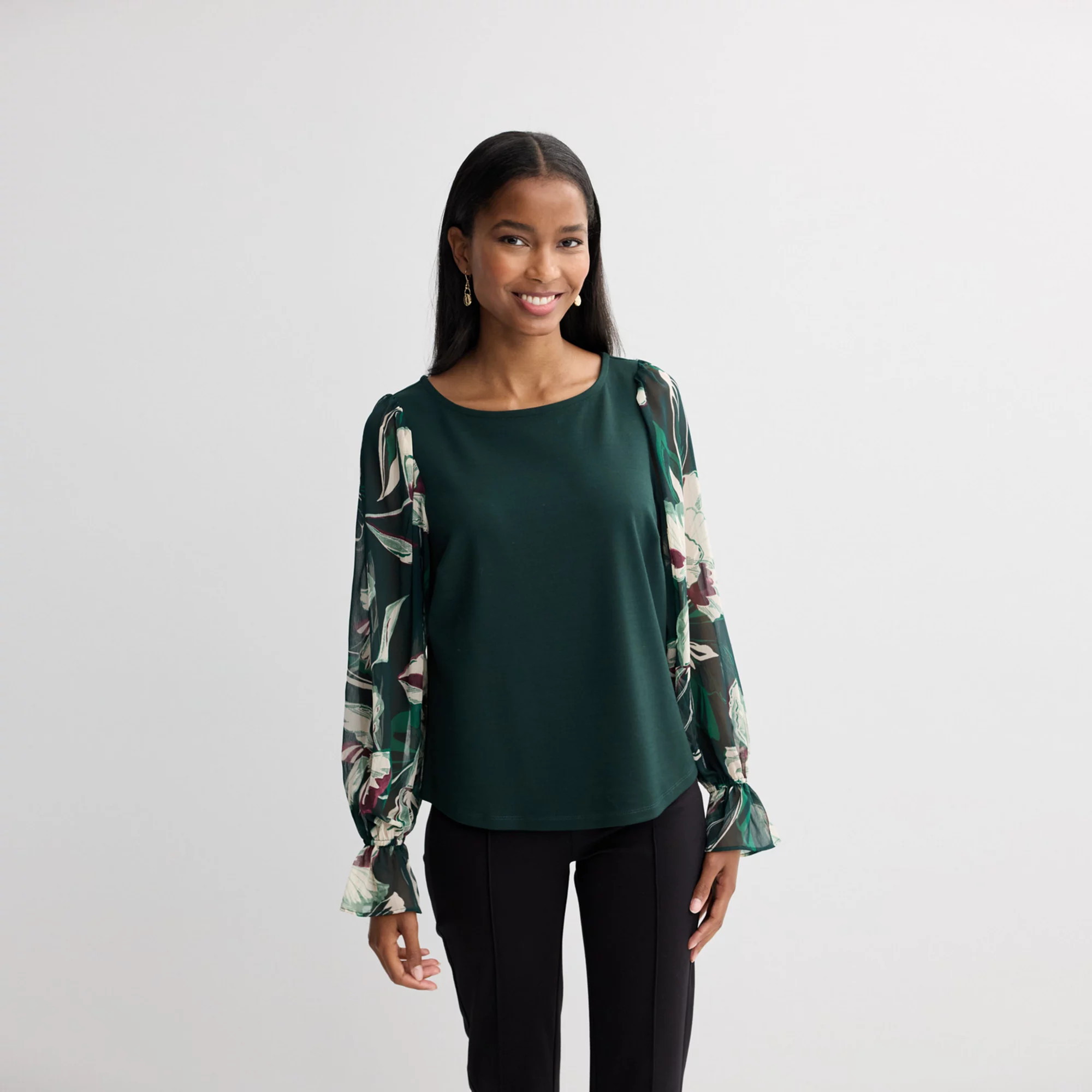 Women's Nine West Mixed Media Ruffle Sleeve Top, Size: Small, Brown Brown | Kohl's